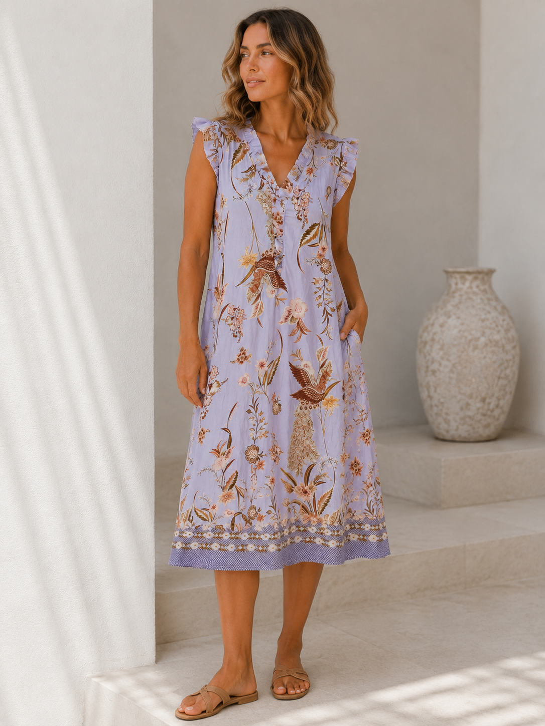 Florales Midikleid von Marta du Château in Celeste mit Vogelmotiv, Volants an den Schultern und femininem V-Ausschnitt.