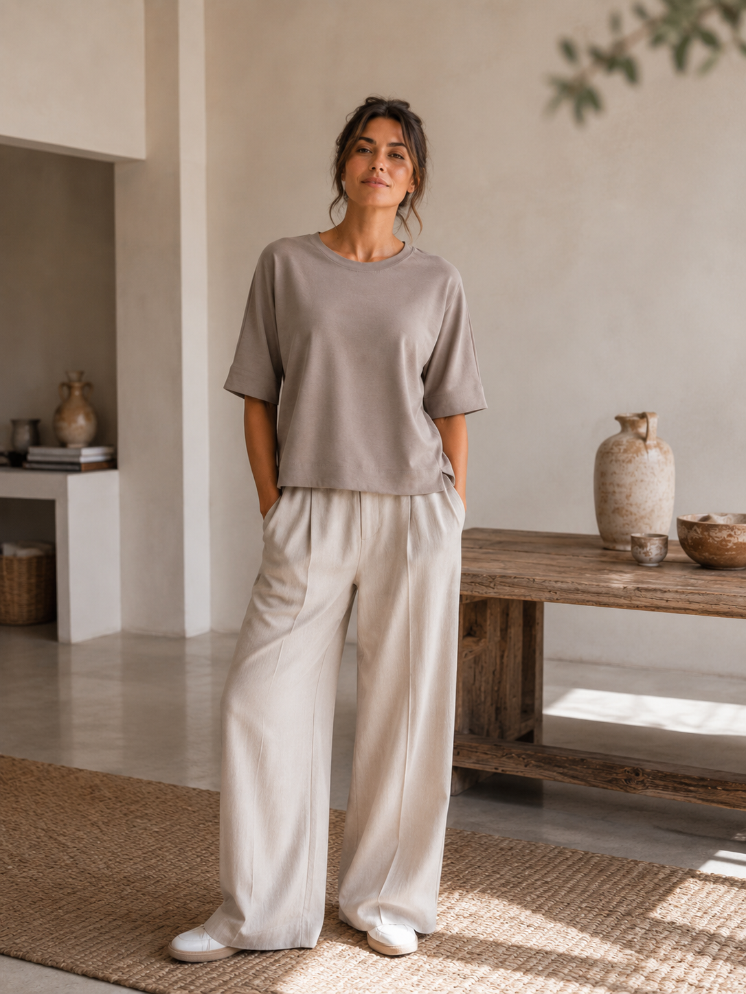 MSCW Emilia Damen Sweater in Taupe Solid mit lockerem Schnitt und halblangen Ärmeln.