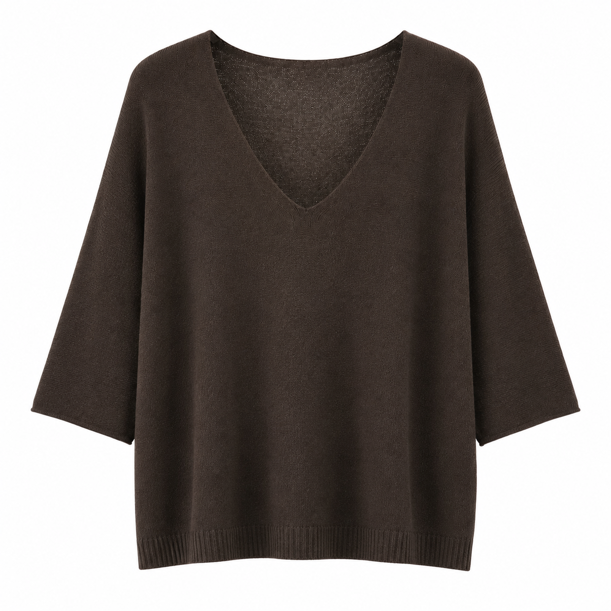 Pullover BROWN für Damen mit V-Ausschnitt, geraden 3/4-Ärmeln und geripptem Saum
