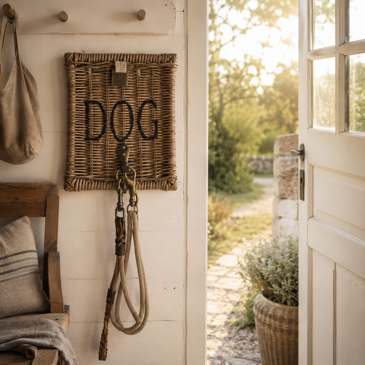 Handgeflochtener Rattan Hanger DOG mit Metallhaken und Hundeleinen an einer hellen Landhauswand im Eingangsbereich.
