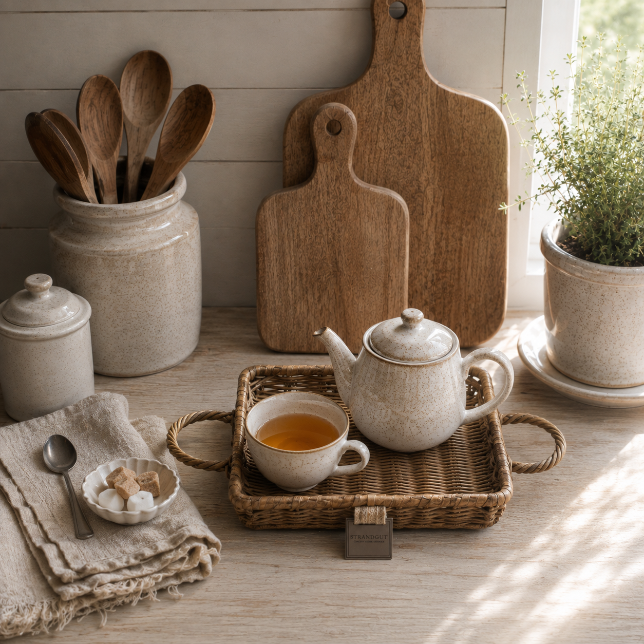Handgeflochtenes quadratisches Rattan Mini Tablett mit Griffen in einer hellen Landhausküche, dekoriert mit einer kleinen Teekanne und einer Tasse Tee.