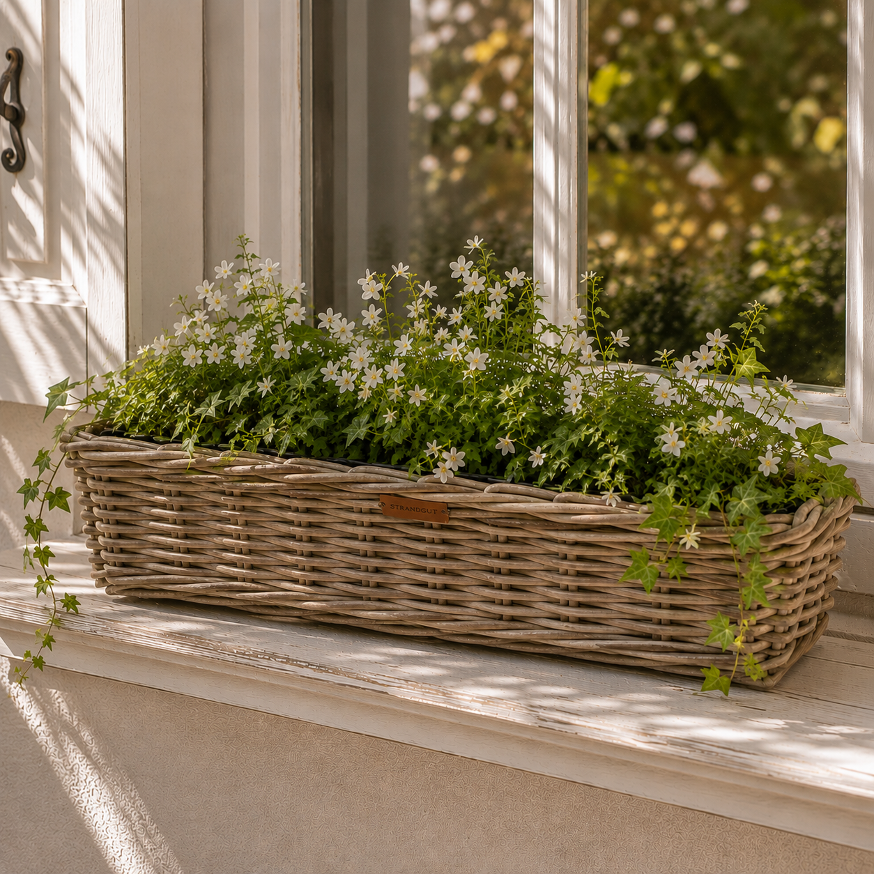 Rattan Planter Rectangular – rechteckiger Pflanzkorb aus natürlichem Rattan mit weißen Blüten und Efeu auf einer hellen Fensterbank
