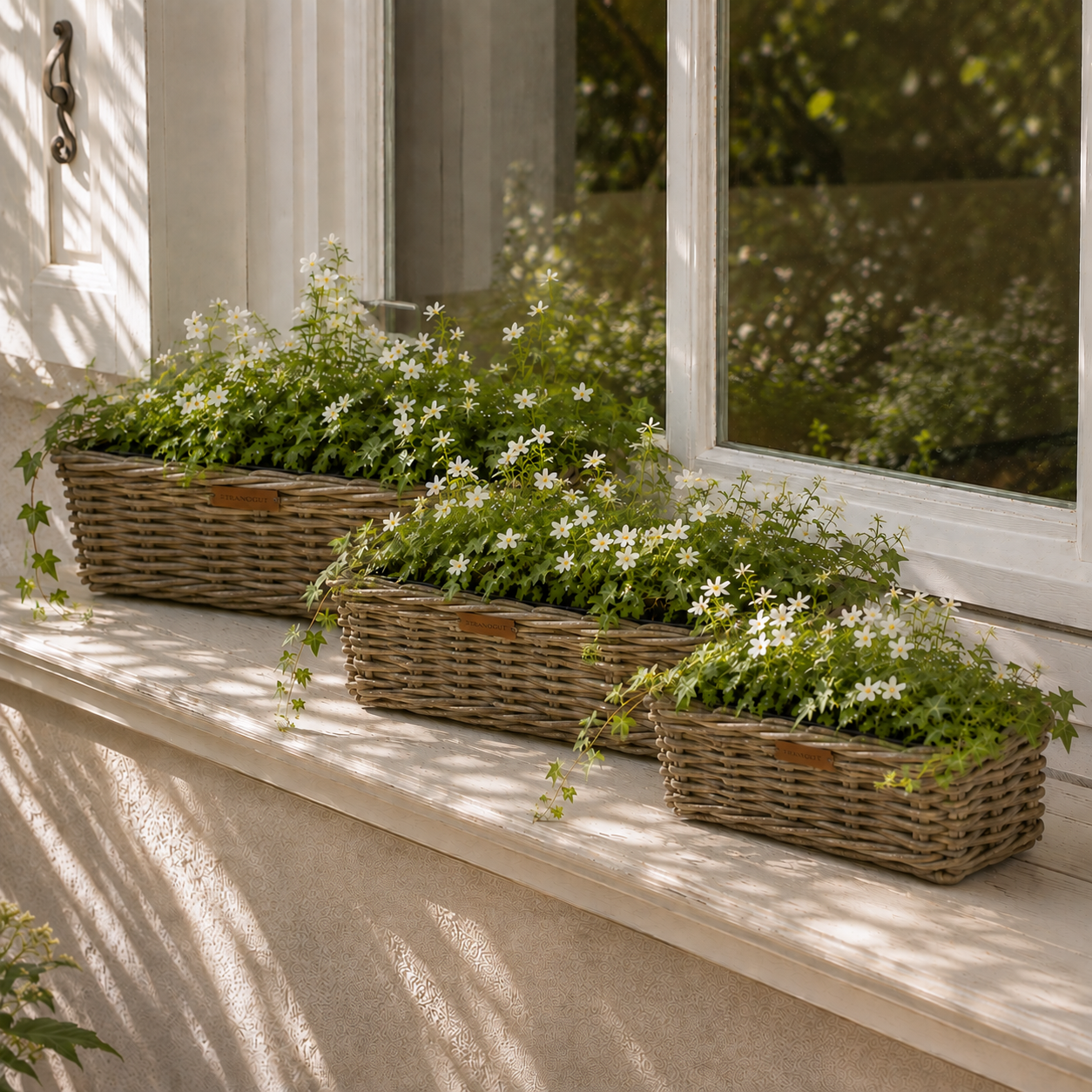 Rattan Planter Rectangular – rechteckiger Pflanzkorb aus natürlichem Rattan mit weißen Blüten und Efeu auf einer hellen Fensterbank
