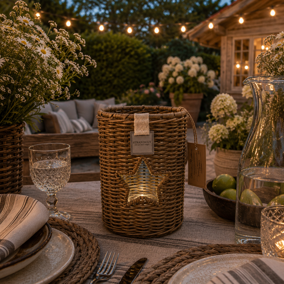 Handgefertigtes Rattan Windlicht mit Stern Größen L auf gedecktem Gartentisch