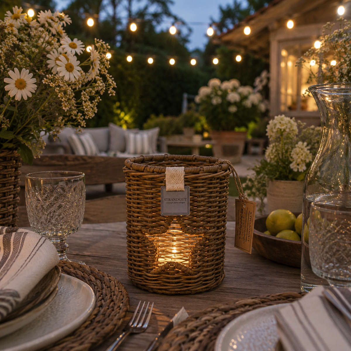 Handgefertigtes Rattan Windlicht mit Stern Größe M auf gedecktem Gartentisch