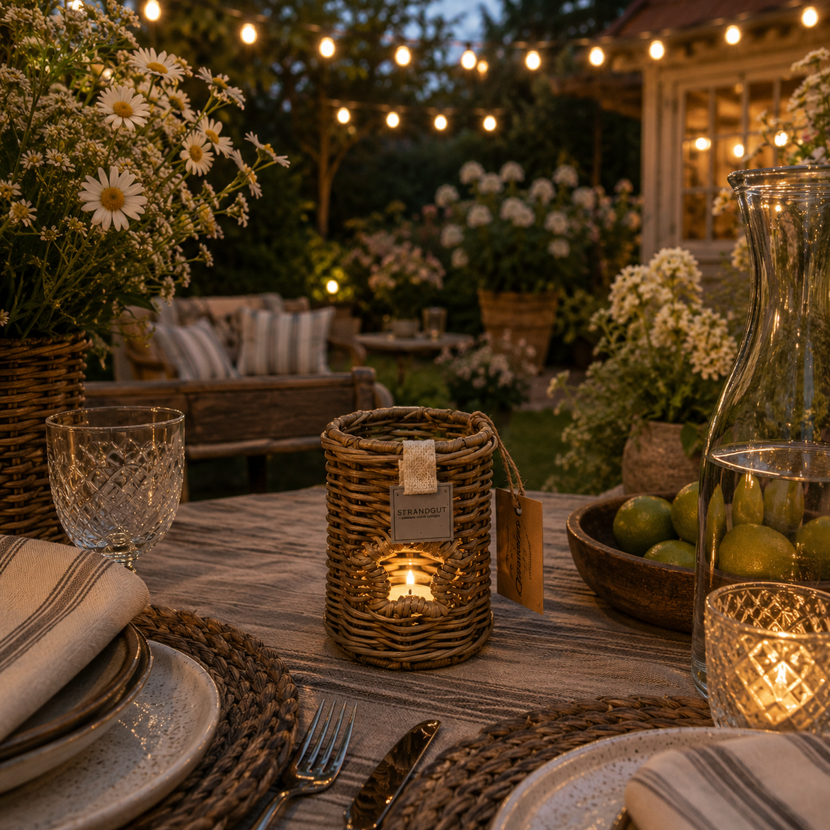 Handgefertigtes Rattan Windlicht mit Stern Größe S auf gedecktem Gartentisch