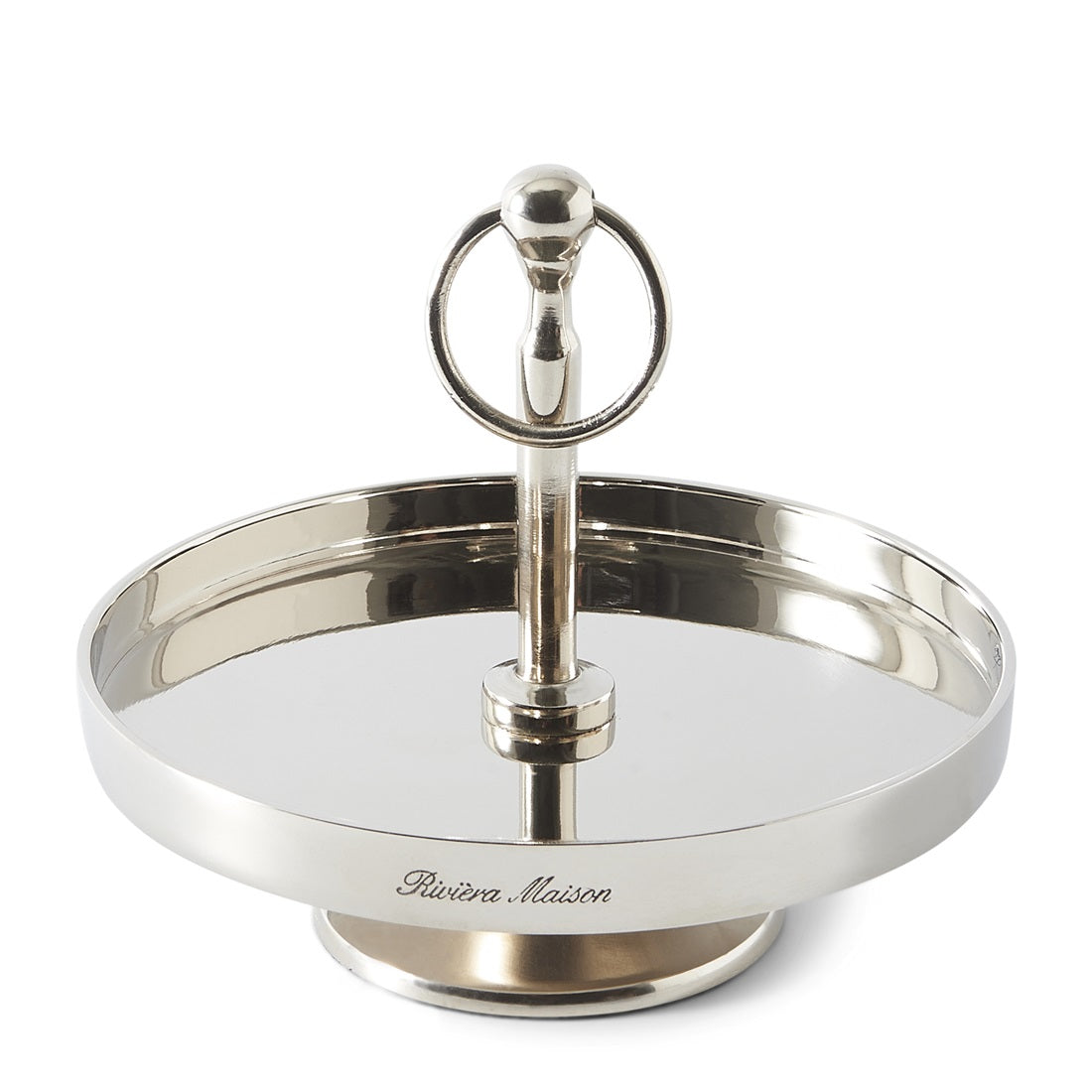 Riviera Maison Camden Cake Stand aus Aluminium in Silber mit Standfuß und dekorativem Tragegriff.