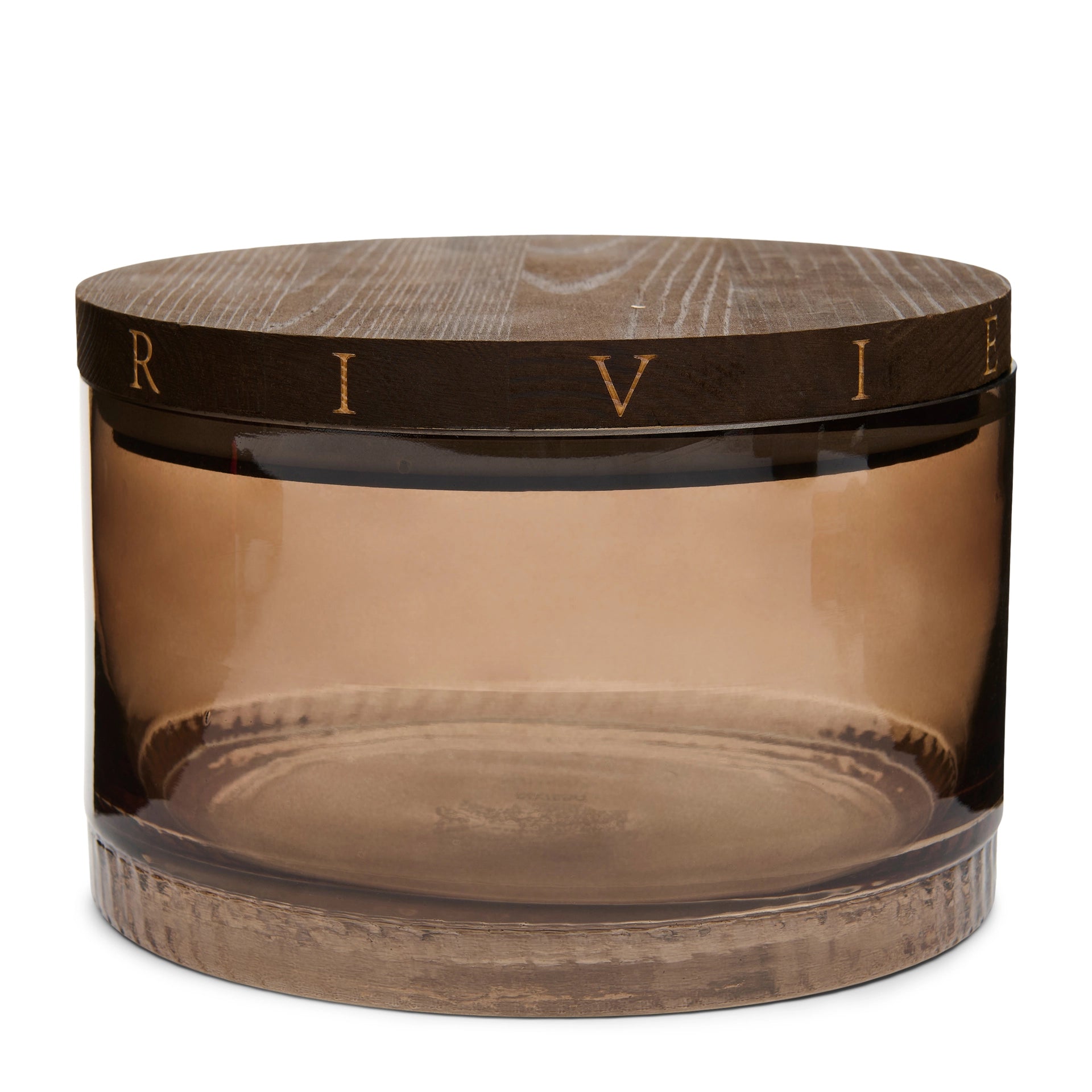 Riviera Maison River Storage Jar aus getöntem Glas mit Holzdeckel, gefüllt mit Pasta auf einer hellen Küchenarbeitsplatte.