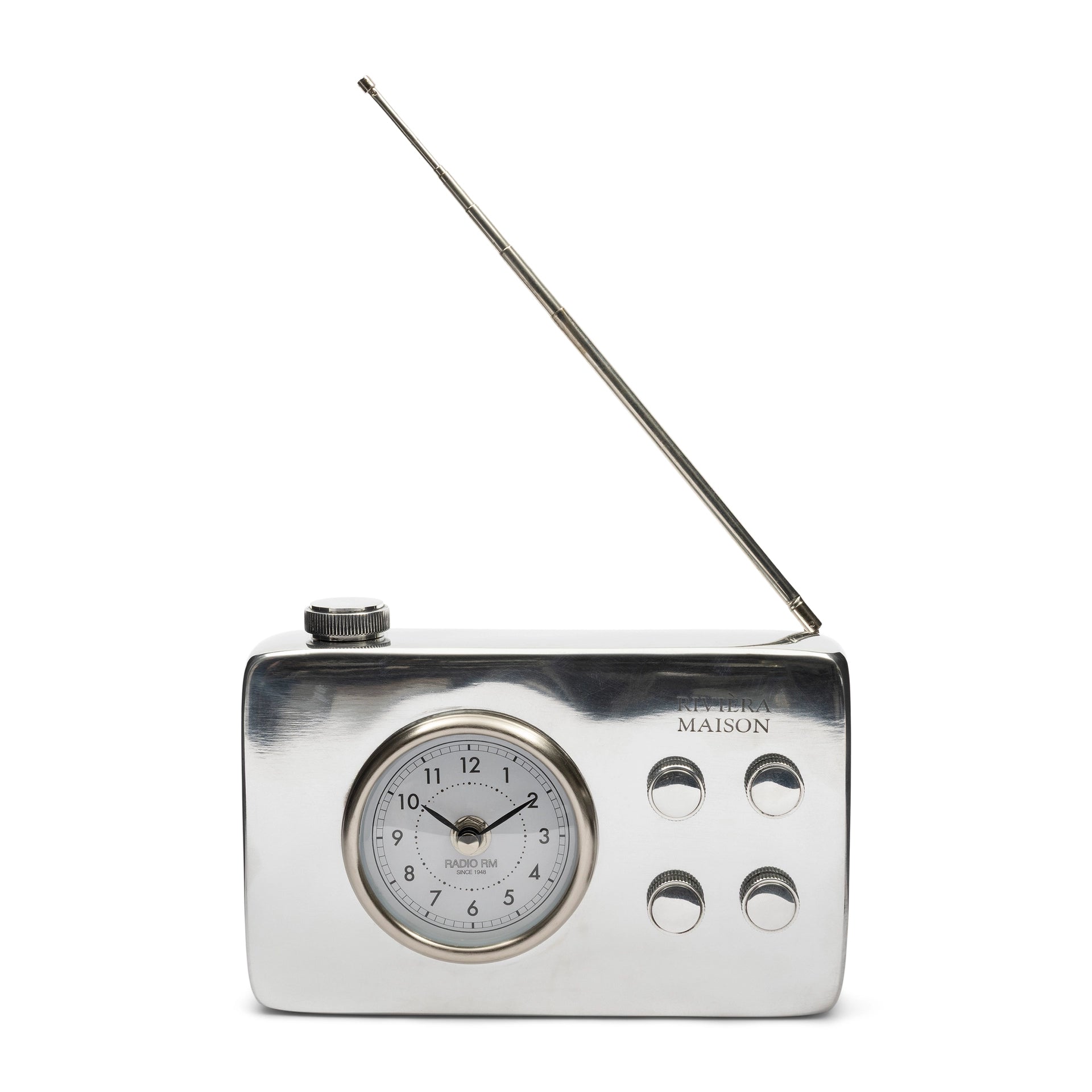 Riviera Maison Radio RM Tischuhr aus Metall im silbernen Retro-Radio-Design mit analogem Zifferblatt.