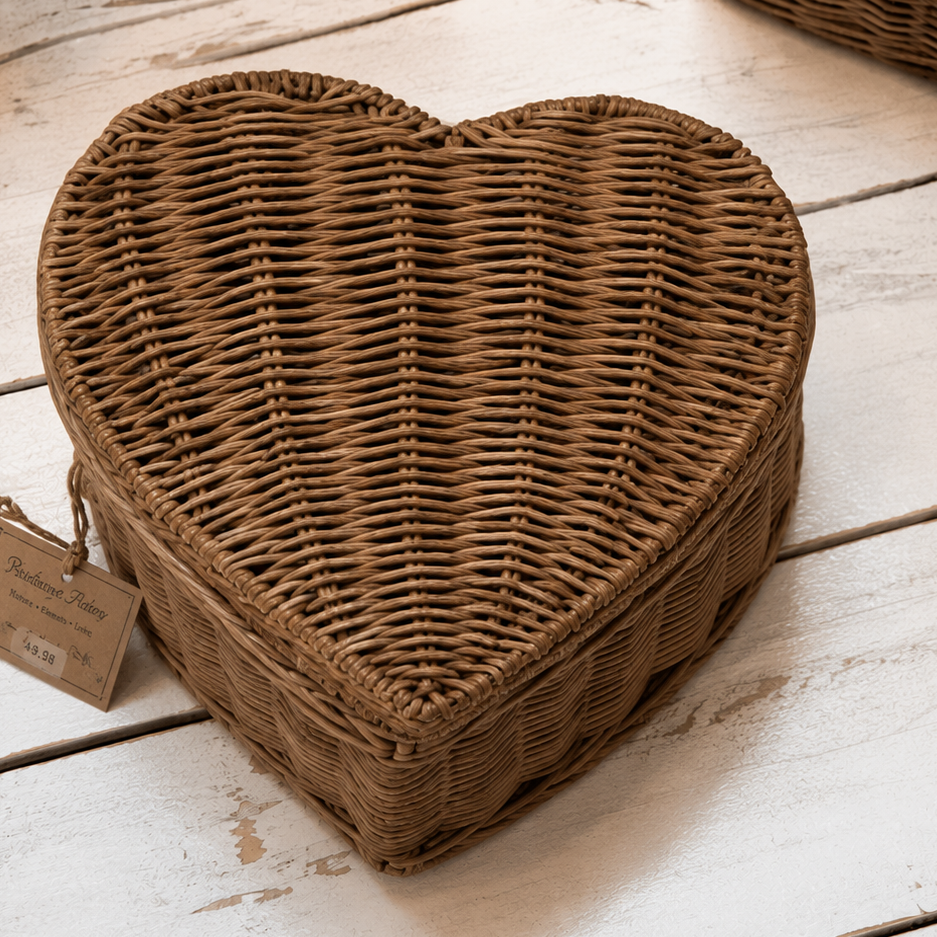 Herzförmige Rattan-Dose mit Deckel als dekorative Aufbewahrungsbox im natürlichen Beachhouse- und Landhausstil.