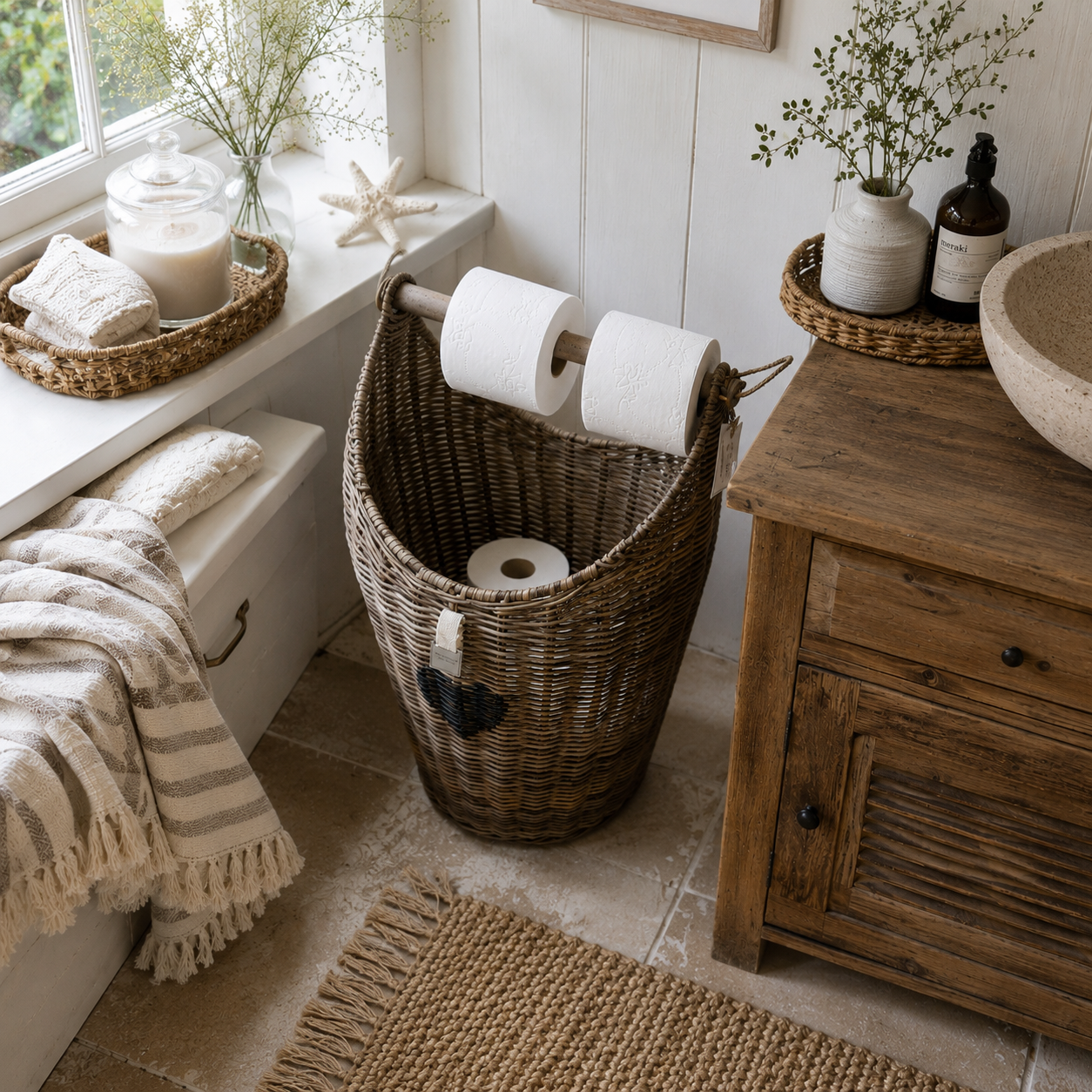 Rattan Toilet Roll Basket HEART mit Holzstange für Toilettenpapier und schwarzem Herz