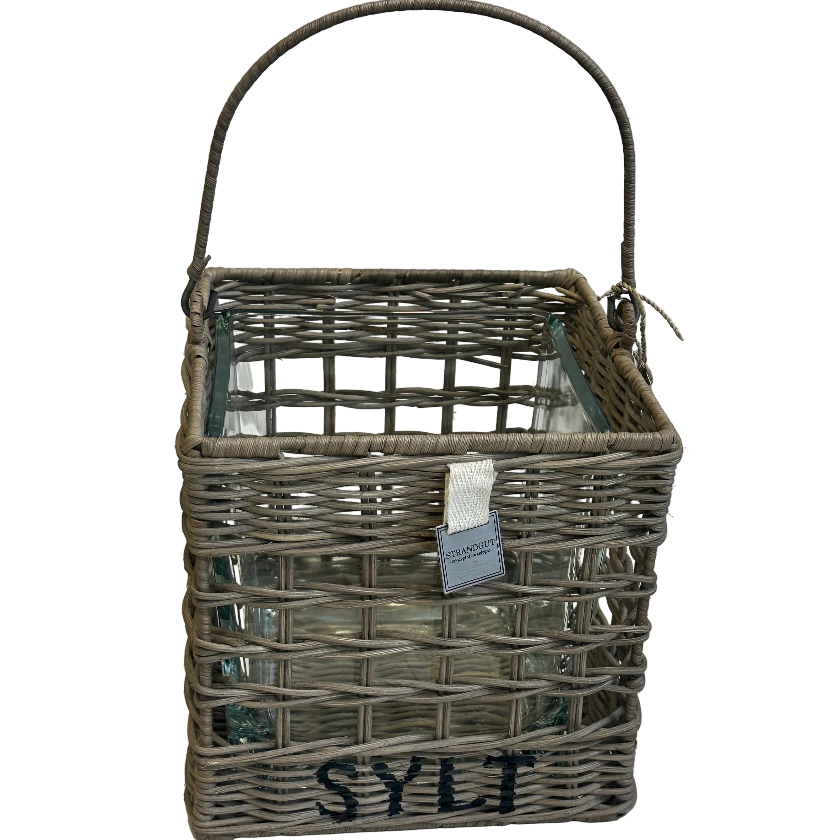 Hurricane Cube SYLT aus Rattan mit Glaseinsatz, Henkel und schwarzem SYLT-Schriftzug