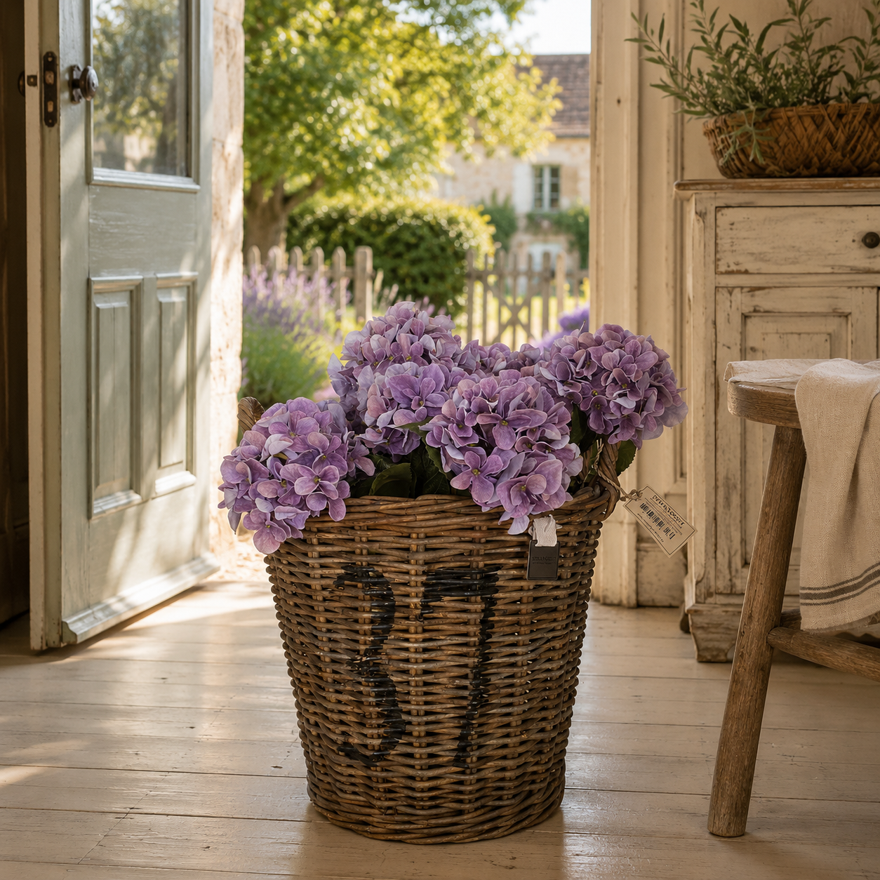 Rattan Baskets numbered von STRANDGUT mit schwarzen Zahlen und seitlichen Griffen im natürlichen Landhausstil