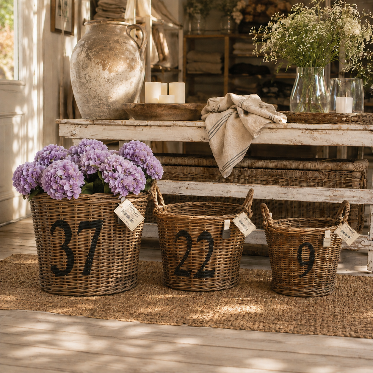 Rattan Baskets numbered von STRANDGUT mit schwarzen Zahlen und seitlichen Griffen im natürlichen Landhausstil