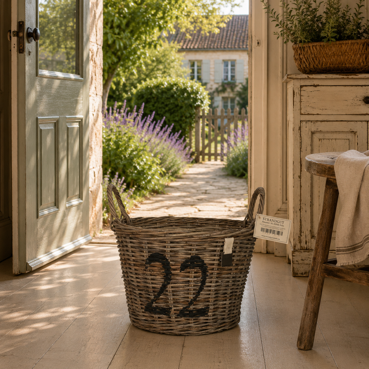 Rattan Baskets numbered von STRANDGUT mit schwarzen Zahlen und seitlichen Griffen im natürlichen Landhausstil