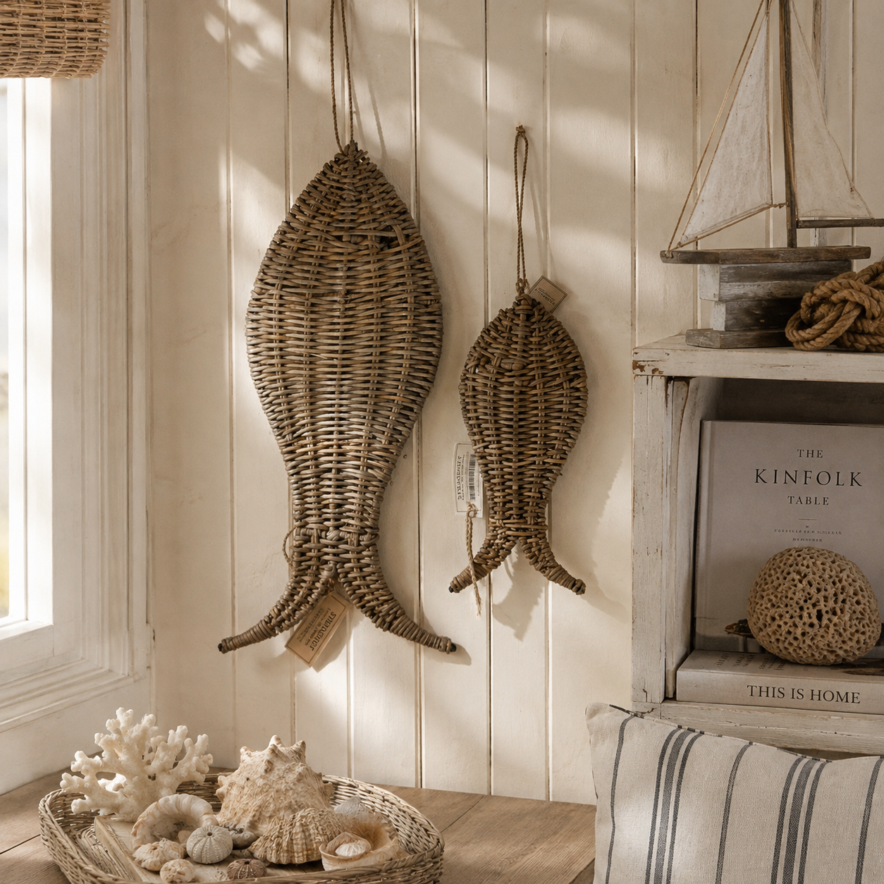 Handgefertigter Rattan Decoration Fish aus natürlichem Rattan als maritime Wanddekoration.
