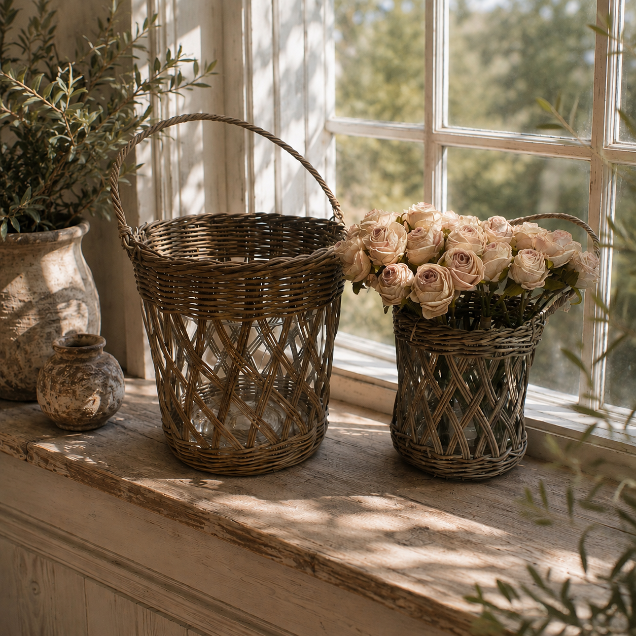 Rattan Hurricane Open Weave mit Glaseinsatz, offenem Flechtmuster und Rattanhenkel