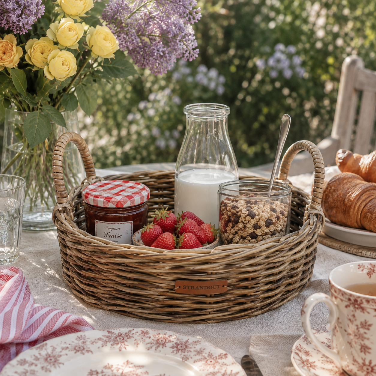 Runder Rattankorb mit Griffen aus natürlichem Rattan in Größe S und M – dekoratives Rattan Tablett für Frühstückstisch und Küche