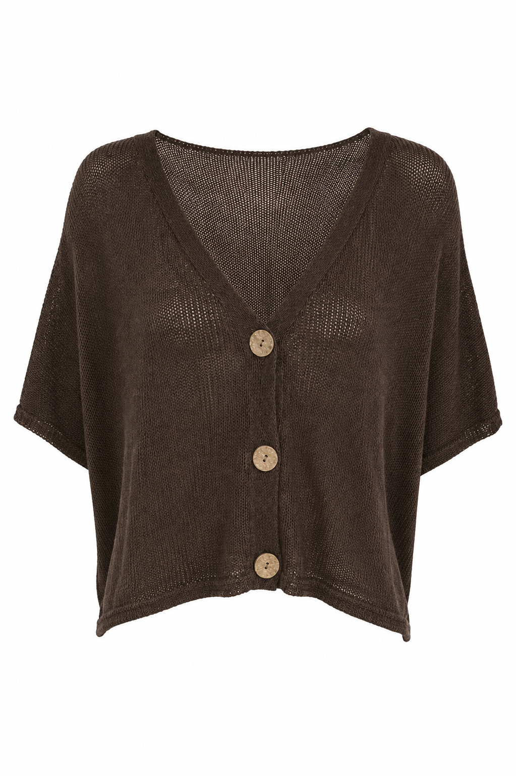 Brauner Strickcardigan BROWN für Damen mit V-Ausschnitt, kurzen weiten Ärmeln und hellen Knöpfen