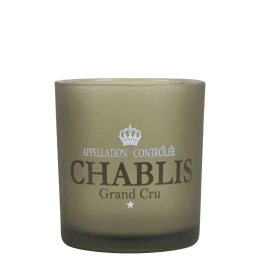 Teelicht aus Glas mit der Aufschrift CHABLIS