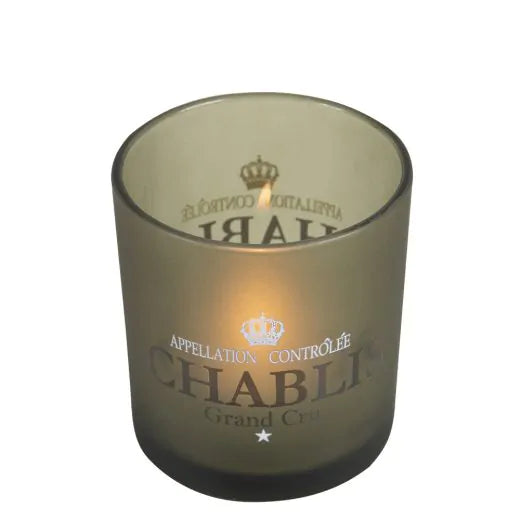 Teelicht aus Glas mit der Aufschrift CHABLIS