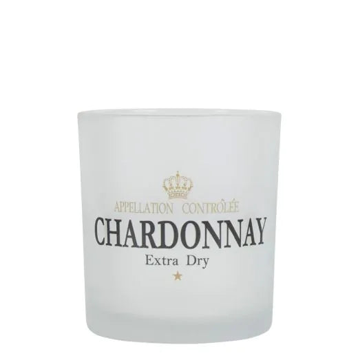 Weißes Teelicht mit Aufschrift CHARDONNAY aus Glas