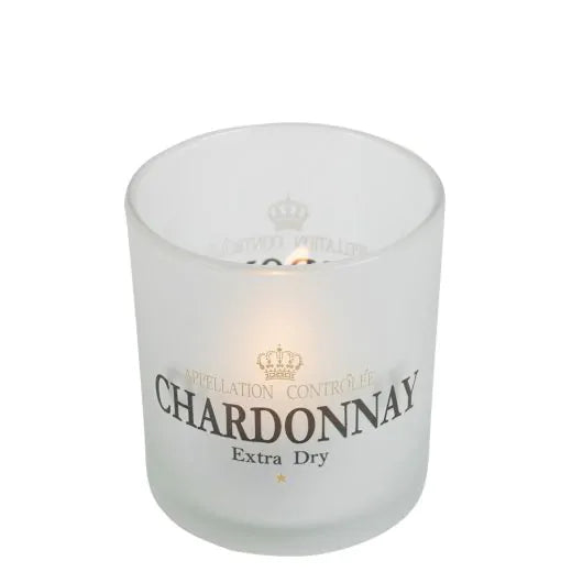 Weißes Teelicht mit Aufschrift CHARDONNAY aus Glas