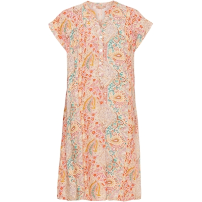 Kurzes Sommerkleid mit kleinem Stehkragen, Knopfleiste und einem sehr schönen Print aus 100% Viskose. 
